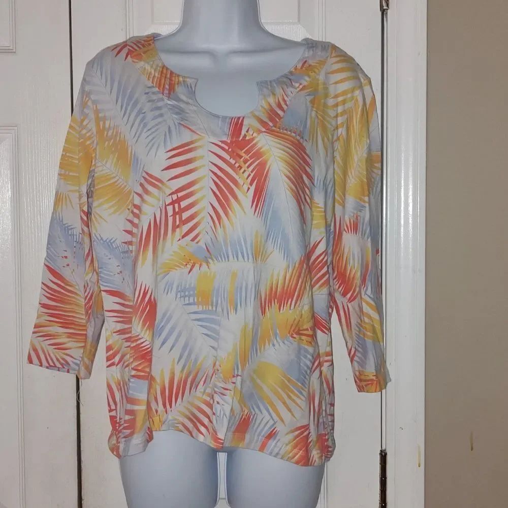 Hearts of Palm 3/4th length sleeve tropical fern print cruise beach top Sz L